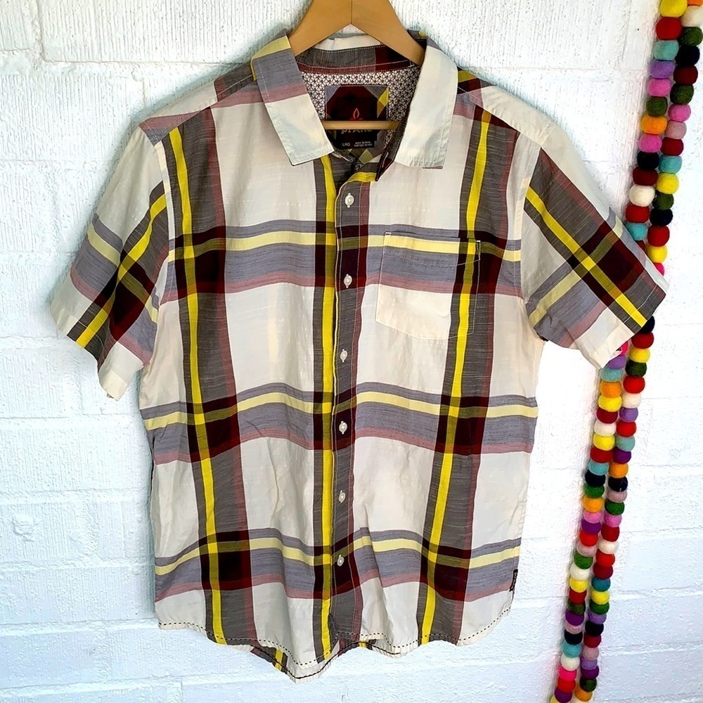 Prana Plaid Coastal Striped Button Up Shirt sz L